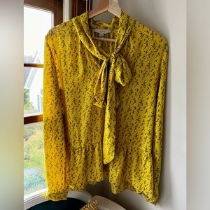 Loft Yellow Floral Long Sleeved Tie Neck Blouse